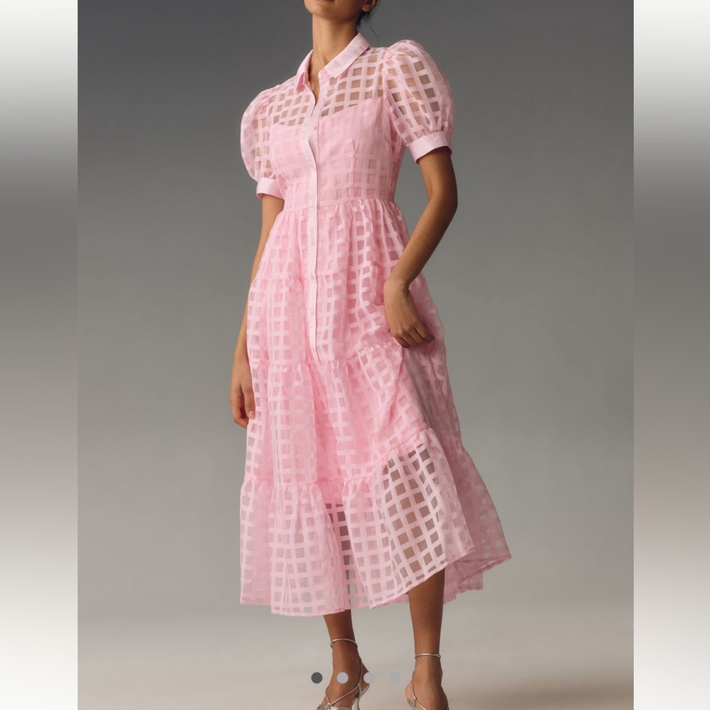 Anthropologie Pink Sheer Grid Midi Dress